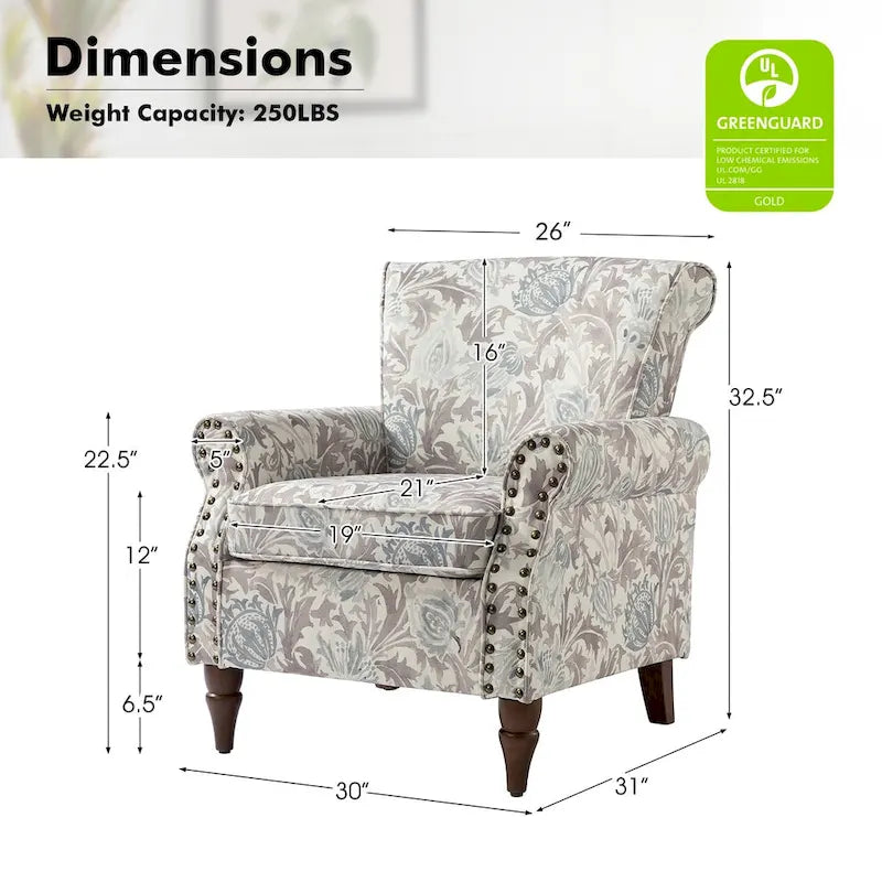Floral Wingback Accent Chair with Rolled Arms - Single Seater