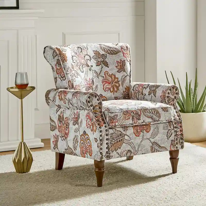 Floral Wingback Accent Chair with Rolled Arms - Single Seater
