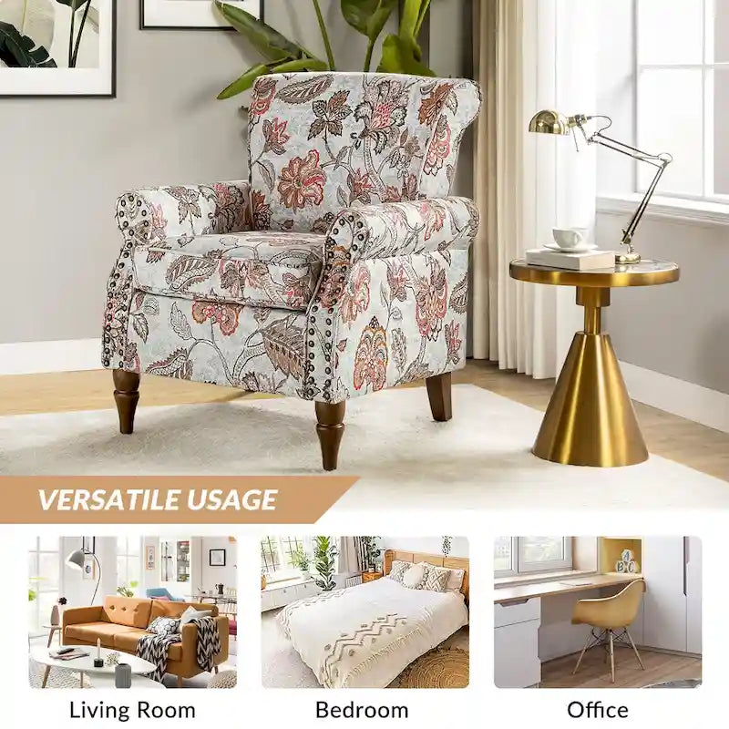 Floral Wingback Accent Chair with Rolled Arms - Single Seater