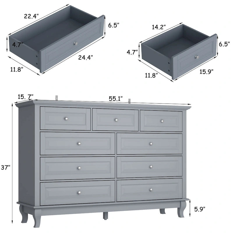 55.1W 9-Drawer Dresser: Spacious and Sleek Design Chest Lacquer