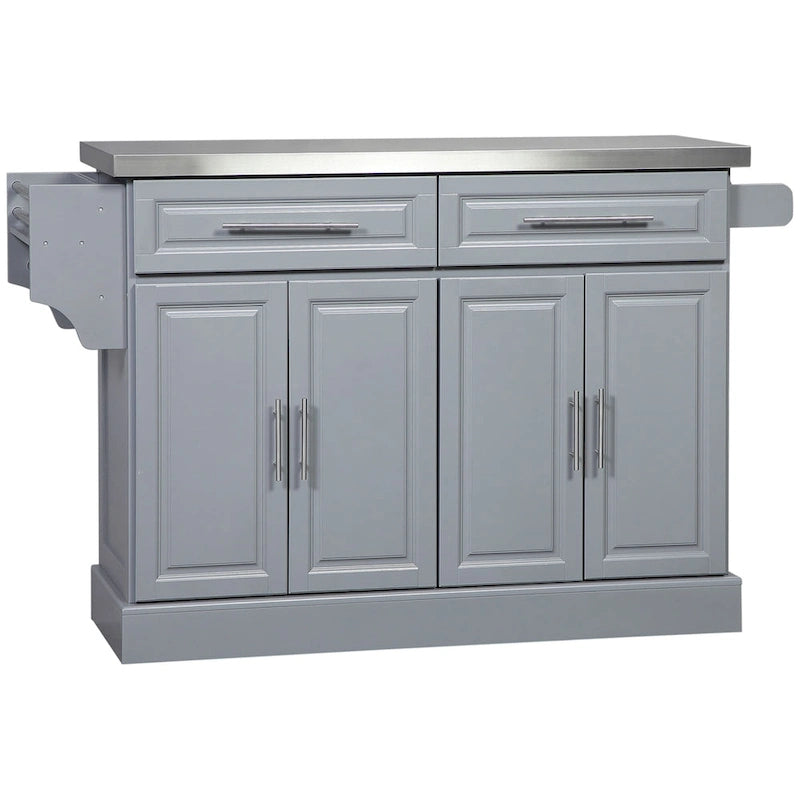 Gray Rolling Kitchen Island with Stainless Steel Top and Storage