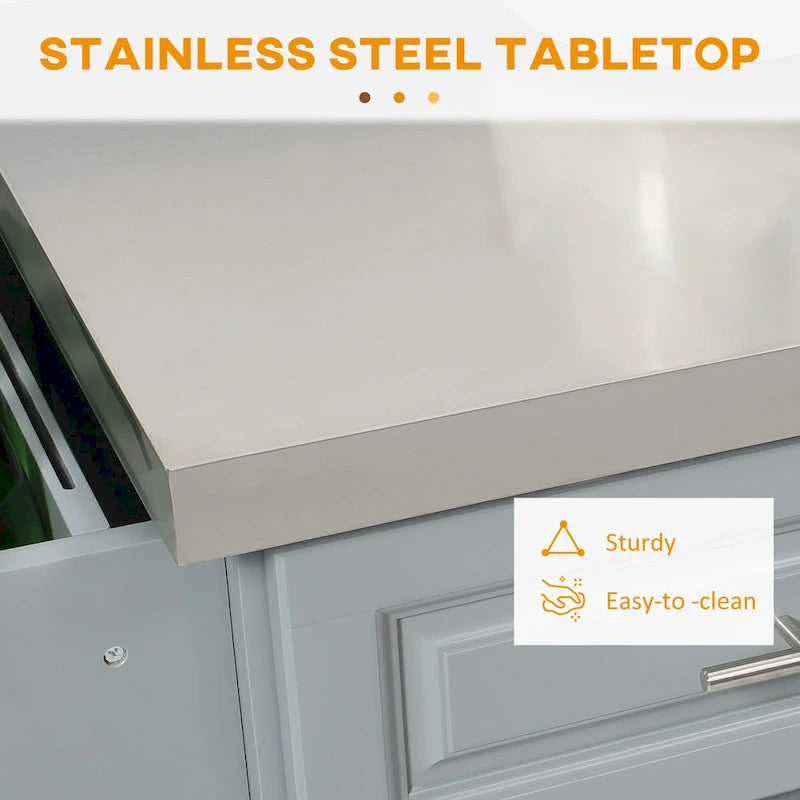 Gray Rolling Kitchen Island with Stainless Steel Top and Storage