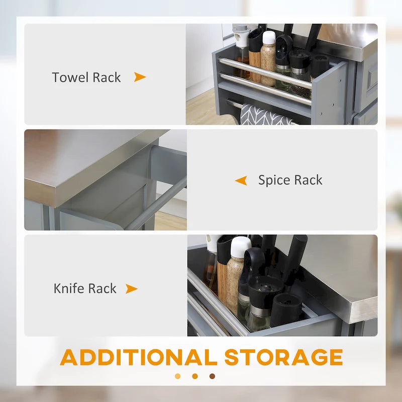 Gray Rolling Kitchen Island with Stainless Steel Top and Storage