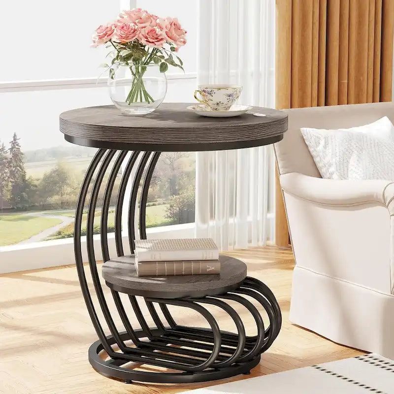 Round End Table, 2 Tiers Side Table for Living Room Bedroom