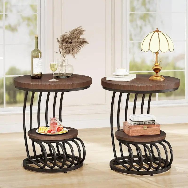 Round End Table, 2 Tiers Side Table for Living Room Bedroom