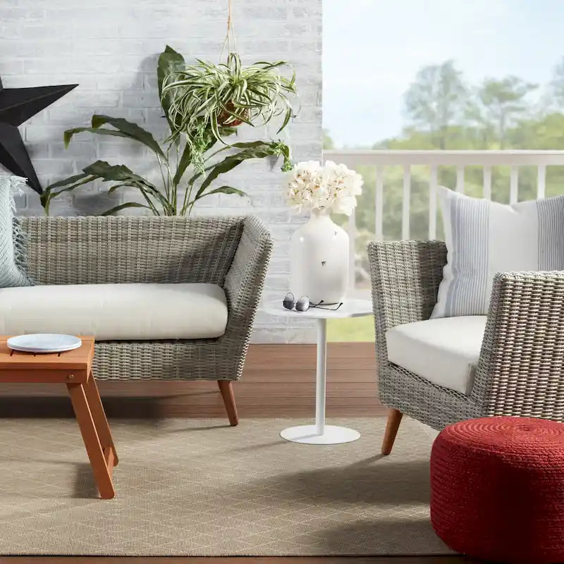 Natural Round Polyester Pouf Ottoman - 18x18x12 Inch Indoor/Outdoor