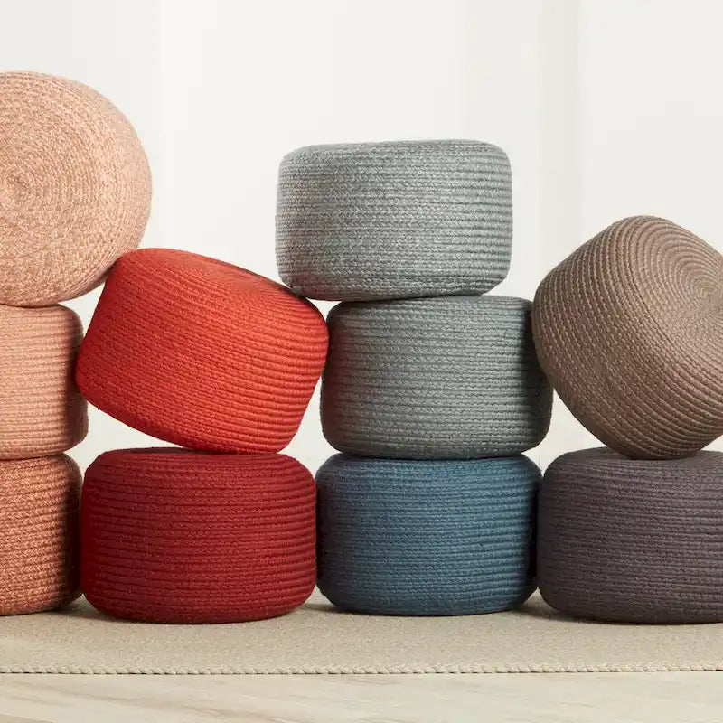 Natural Round Polyester Pouf Ottoman - 18x18x12 Inch Indoor/Outdoor