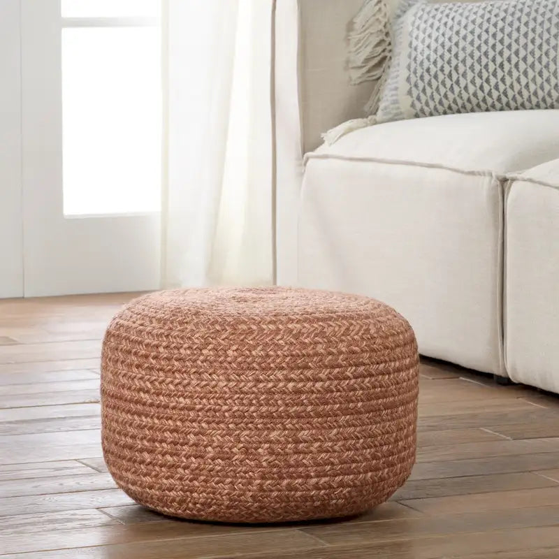 Natural Round Polyester Pouf Ottoman - 18x18x12 Inch Indoor/Outdoor