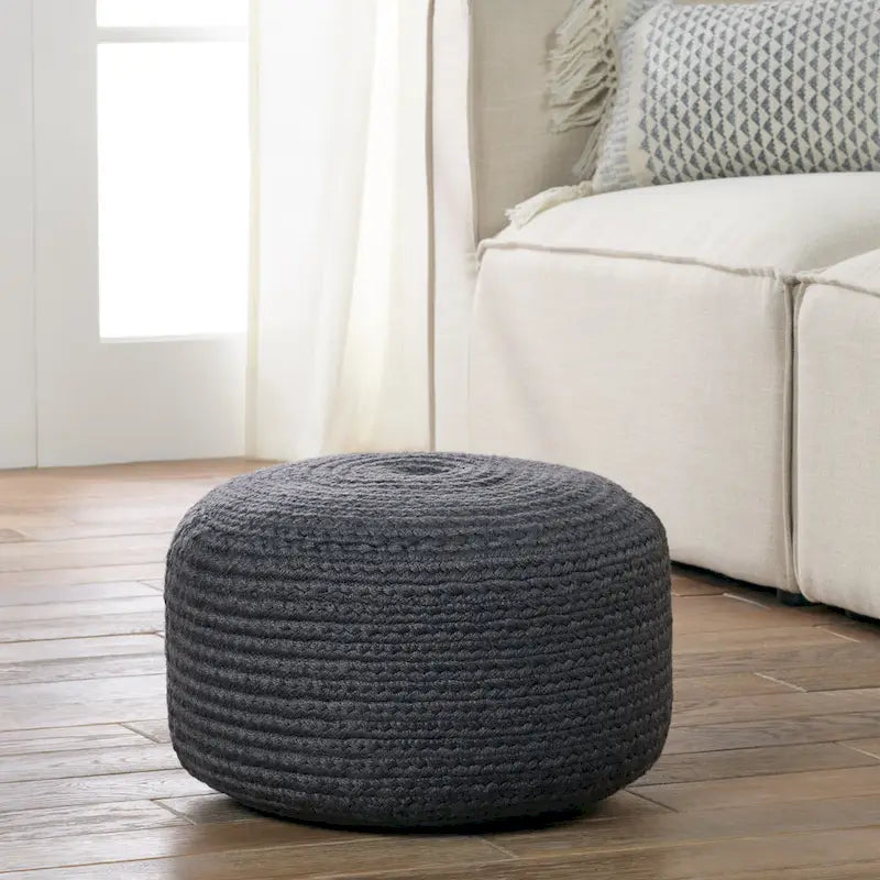 Natural Round Polyester Pouf Ottoman - 18x18x12 Inch Indoor/Outdoor