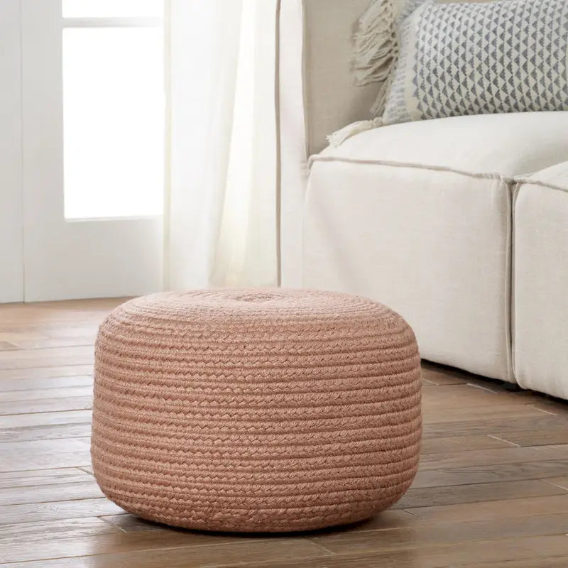 Natural Round Polyester Pouf Ottoman - 18x18x12 Inch Indoor/Outdoor