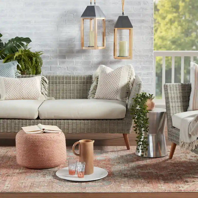 Natural Round Polyester Pouf Ottoman - 18x18x12 Inch Indoor/Outdoor