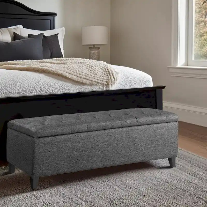 Gray Tufted Storage Bench with Lid