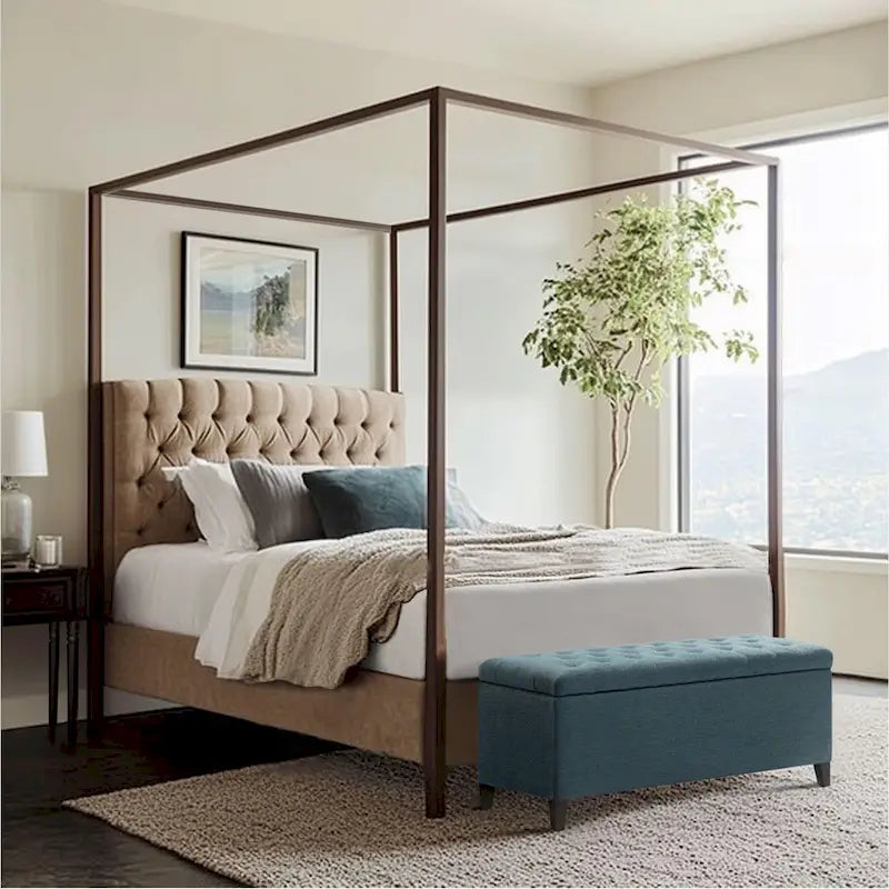 Gray Tufted Storage Bench with Lid