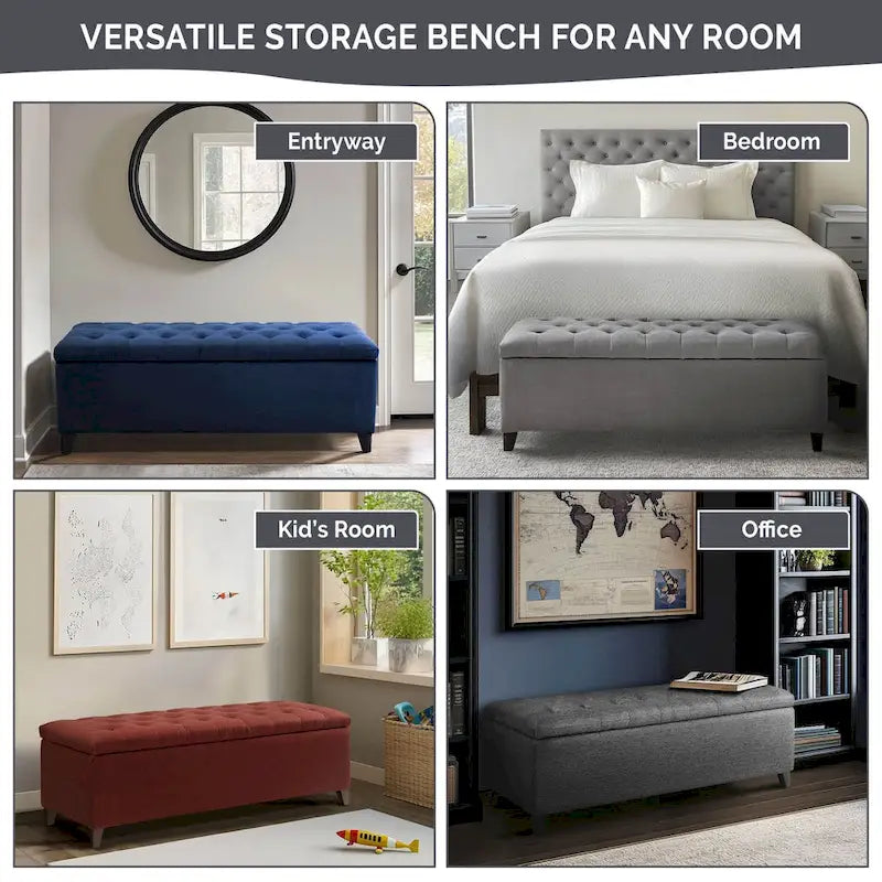 Gray Tufted Storage Bench with Lid