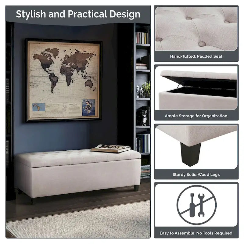 Gray Tufted Storage Bench with Lid