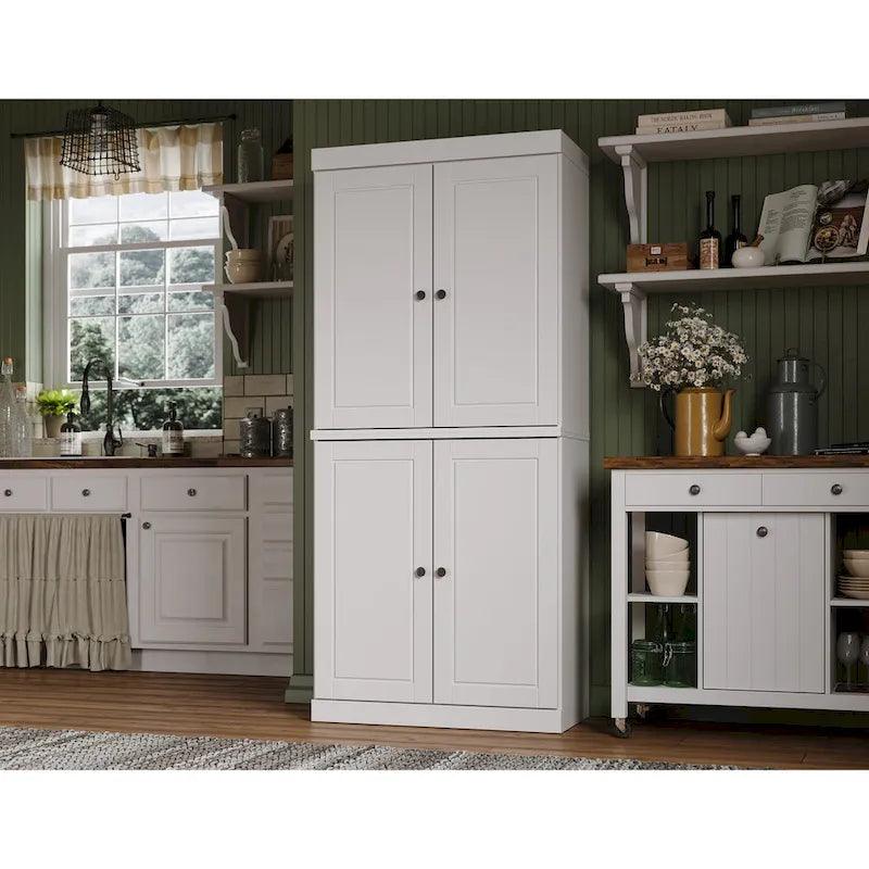 32" Solid Wood Pantry Cabinet with Glass Doors - 4 Adjustable Shelves