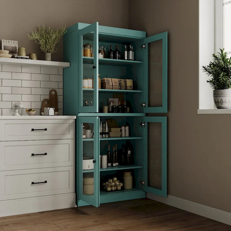 32" Solid Wood Pantry Cabinet with Glass Doors - 4 Adjustable Shelves