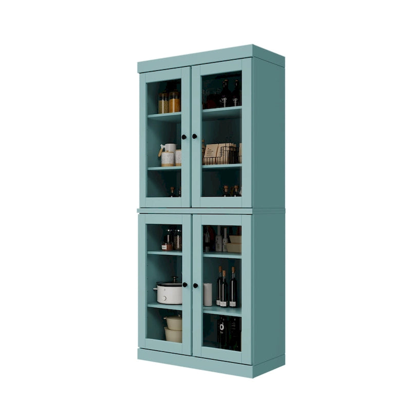 32" Solid Wood Pantry Cabinet with Glass Doors - 4 Adjustable Shelves