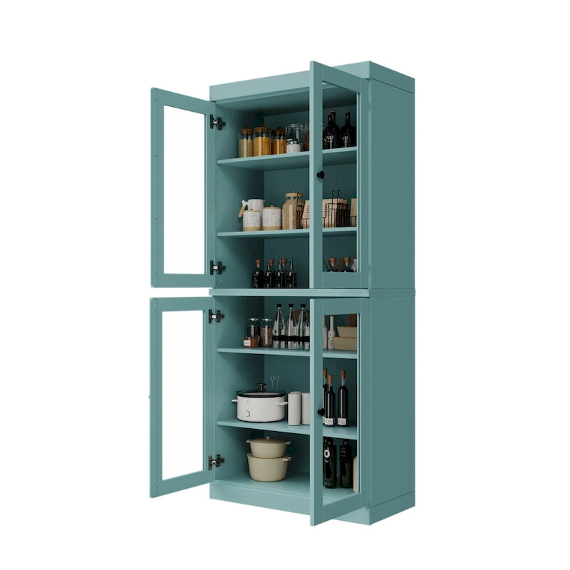 32" Solid Wood Pantry Cabinet with Glass Doors - 4 Adjustable Shelves