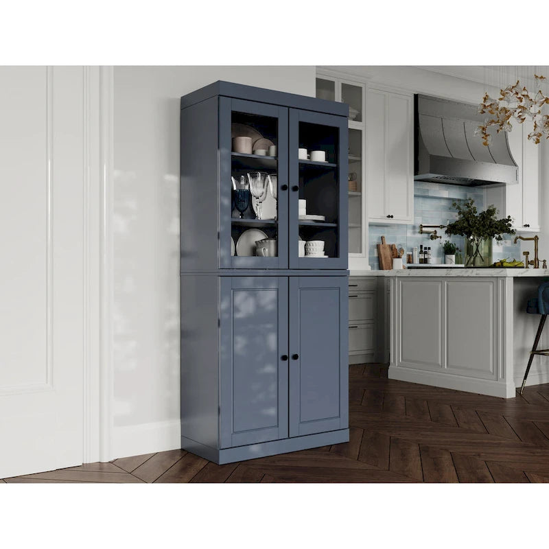 32" Solid Wood Pantry Cabinet with Glass Doors - 4 Adjustable Shelves