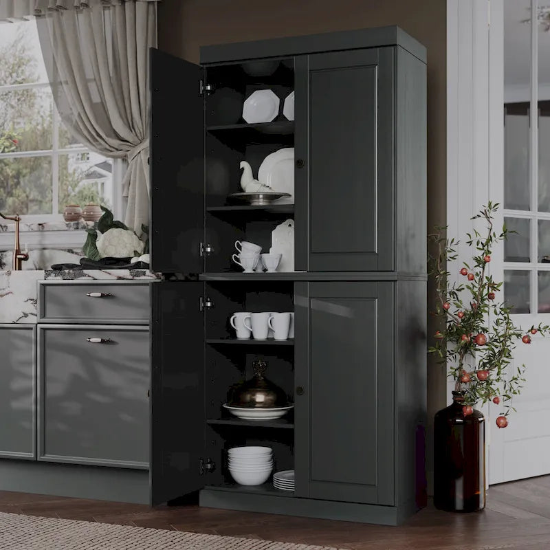 32" Solid Wood Pantry Cabinet with Glass Doors - 4 Adjustable Shelves