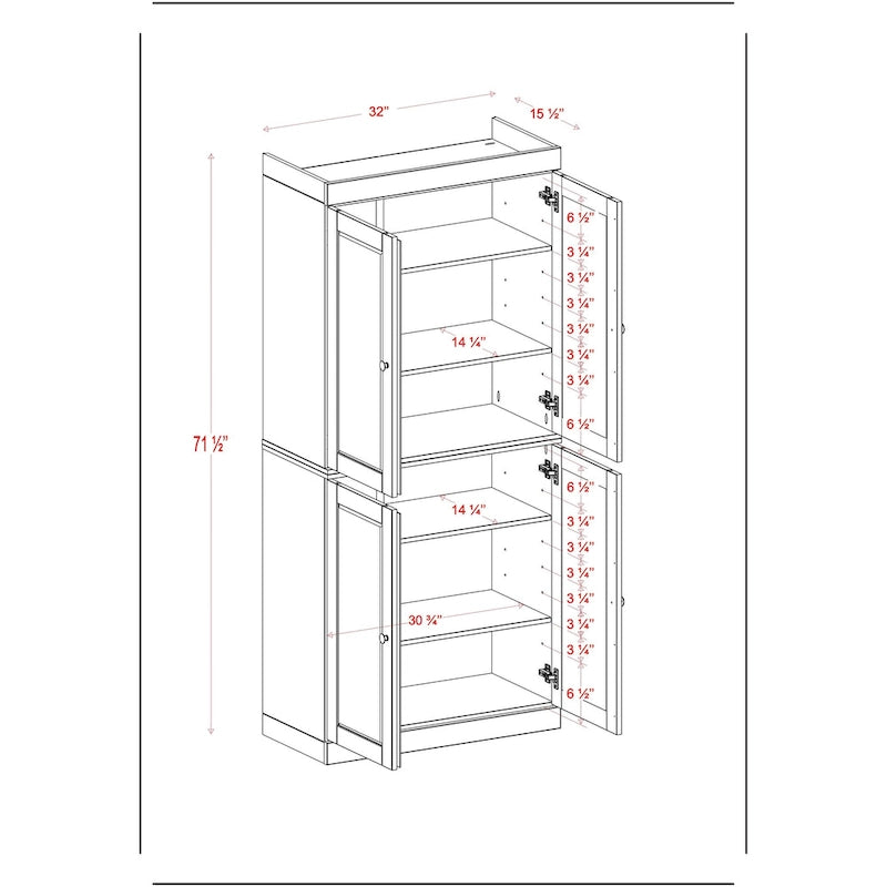 32" Solid Wood Pantry Cabinet with Glass Doors - 4 Adjustable Shelves