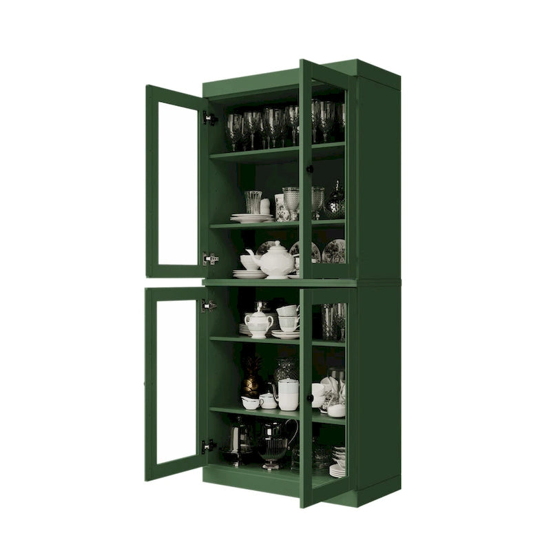 32" Solid Wood Pantry Cabinet with Glass Doors - 4 Adjustable Shelves