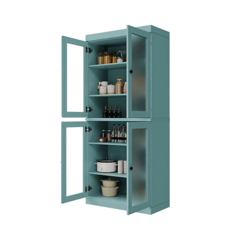 32" Solid Wood Pantry Cabinet with Glass Doors - 4 Adjustable Shelves
