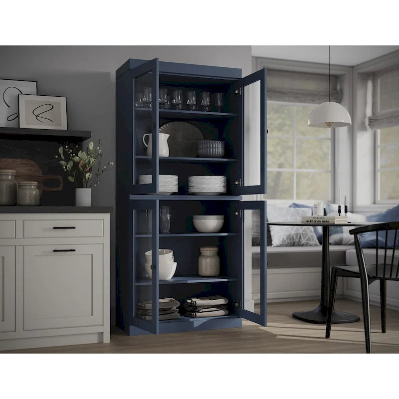 32" Solid Wood Pantry Cabinet with Glass Doors - 4 Adjustable Shelves