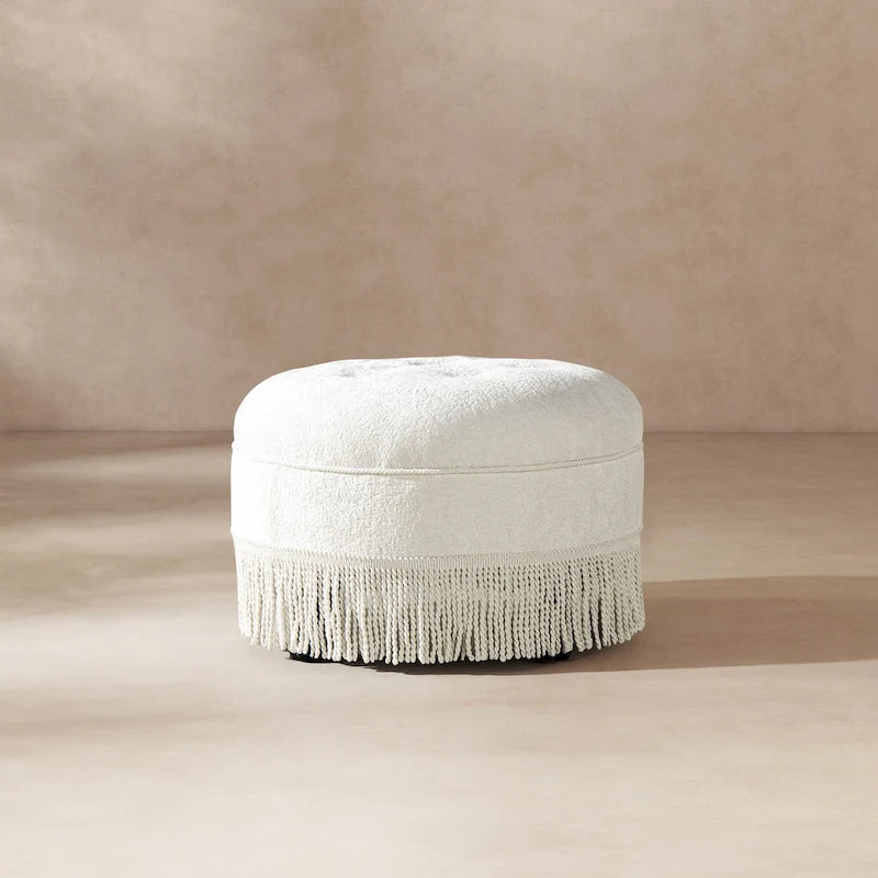 Beige Round Upholstered Ottoman - 24 Inch