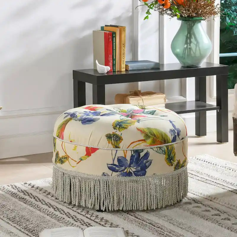 Beige Round Upholstered Ottoman - 24 Inch