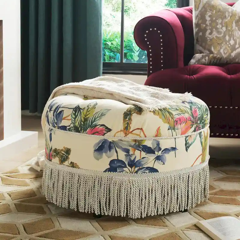 Beige Round Upholstered Ottoman - 24 Inch