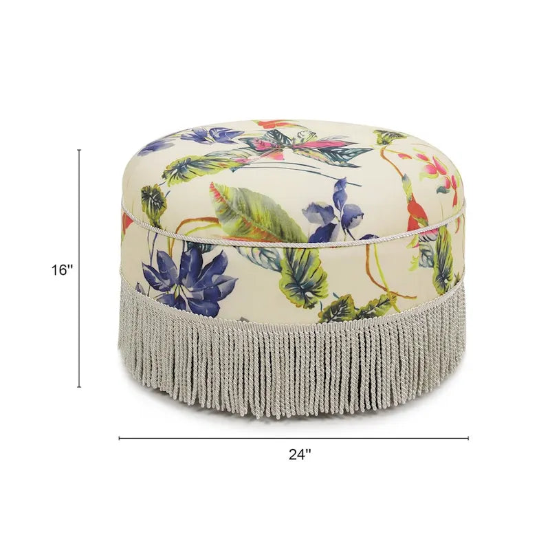 Beige Round Upholstered Ottoman - 24 Inch