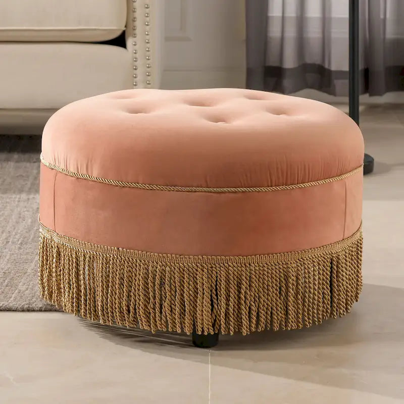 Beige Round Upholstered Ottoman - 24 Inch