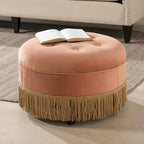 Beige Round Upholstered Ottoman - 24 Inch