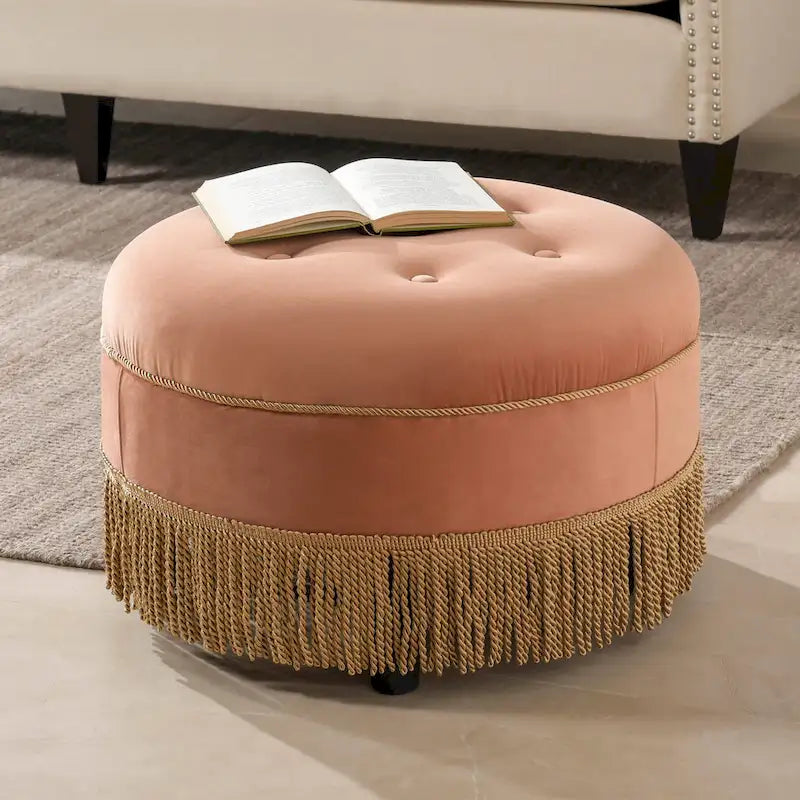 Beige Round Upholstered Ottoman - 24 Inch