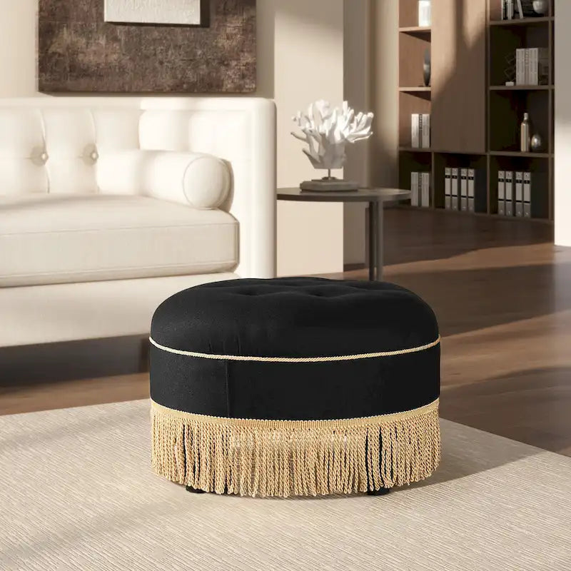 Beige Round Upholstered Ottoman - 24 Inch