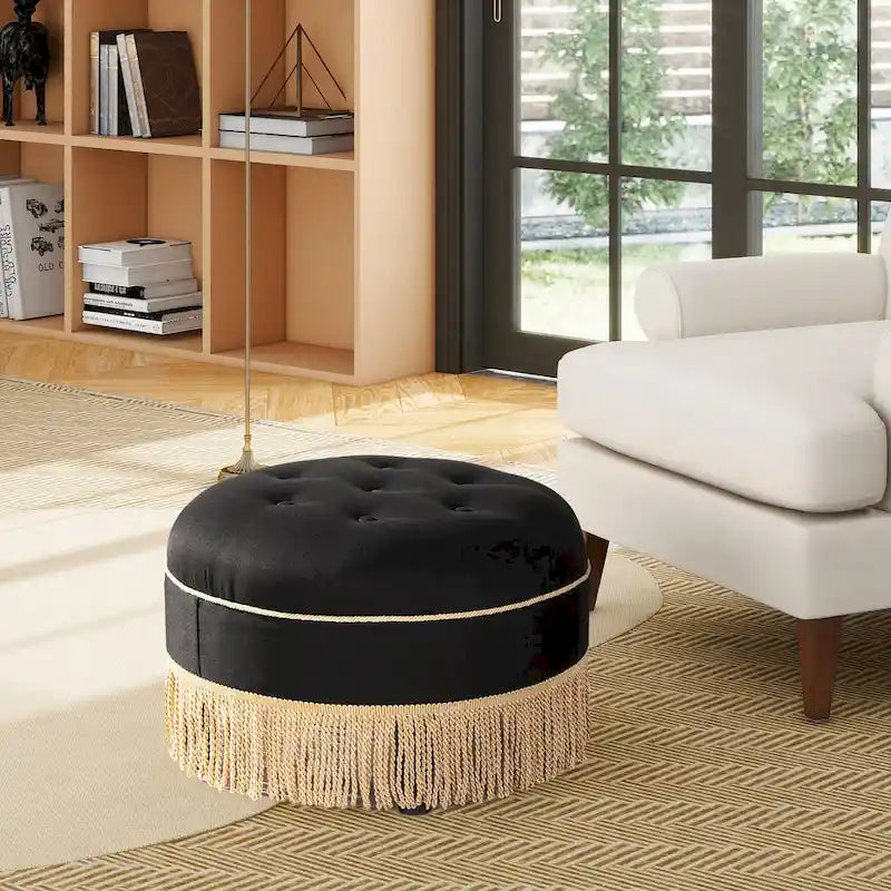 Beige Round Upholstered Ottoman - 24 Inch