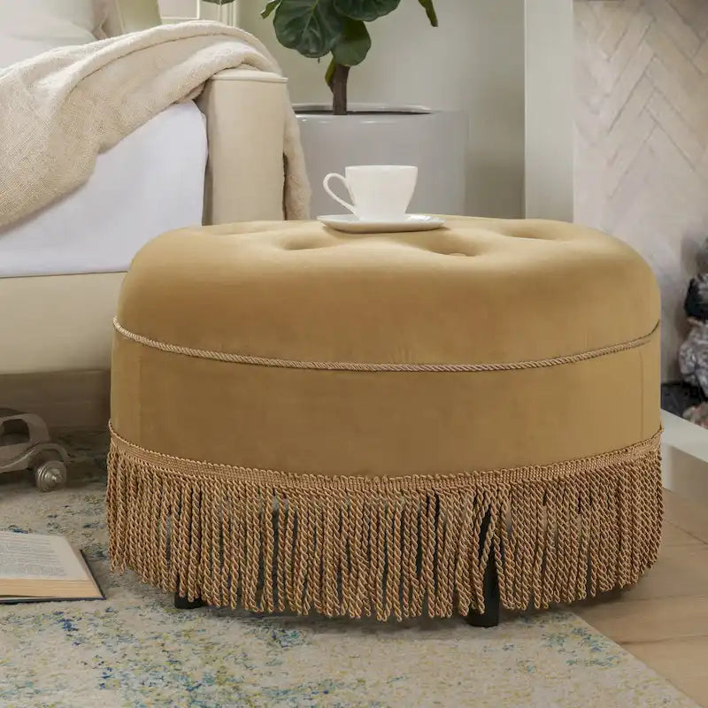 Beige Round Upholstered Ottoman - 24 Inch
