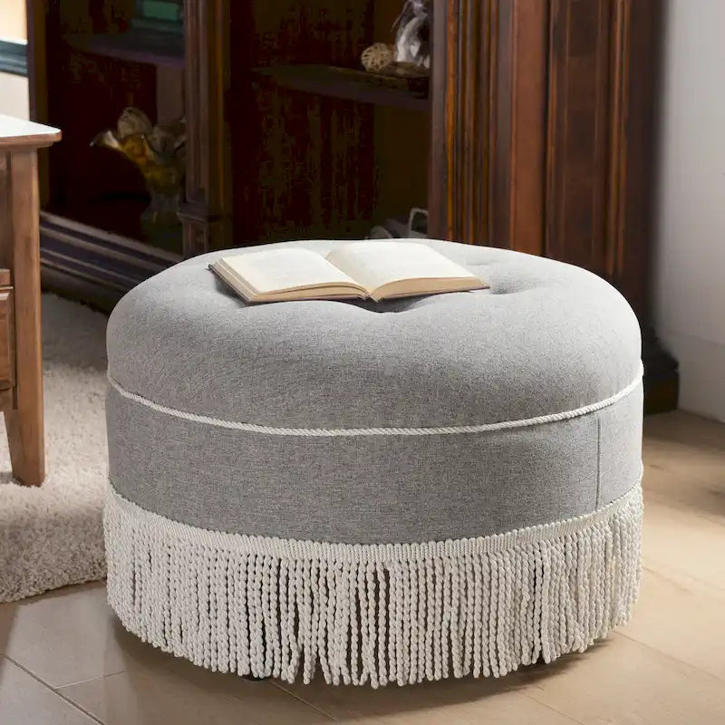 Beige Round Upholstered Ottoman - 24 Inch