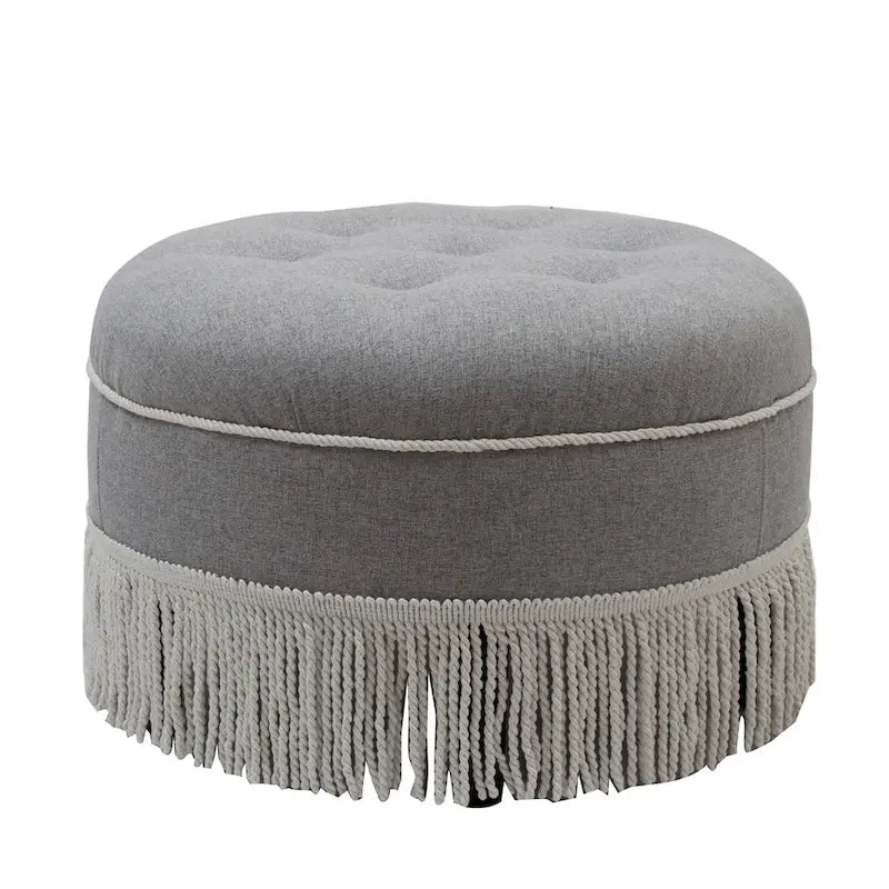 Beige Round Upholstered Ottoman - 24 Inch