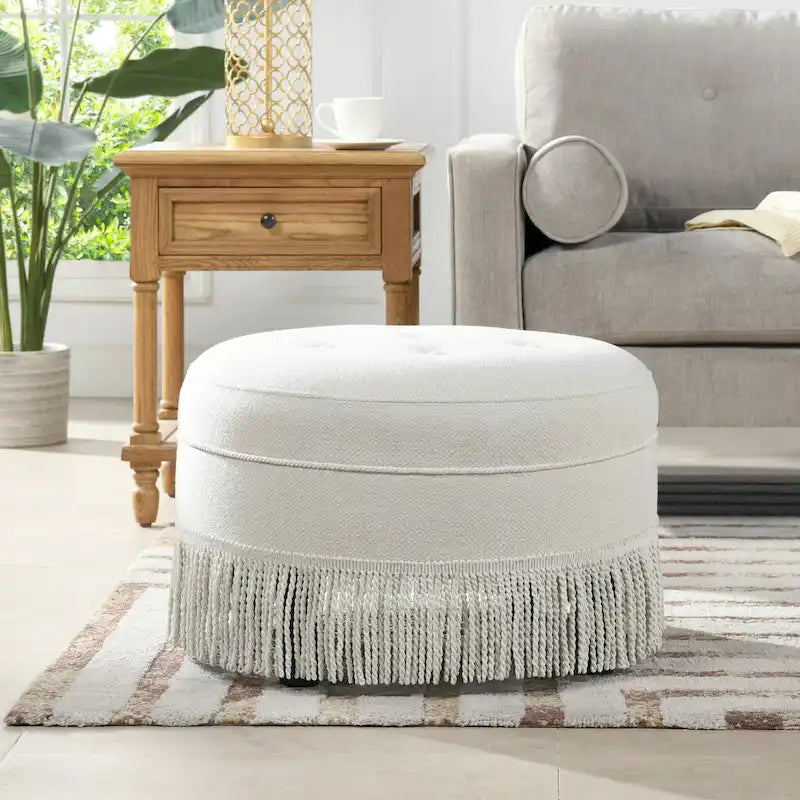 Beige Round Upholstered Ottoman - 24 Inch