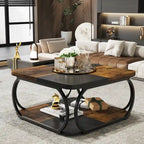 Square 2-Tier Coffee Table with Storage Shelf, 39 inches Low Farmhouse Wood Coffee Table for Modern Living Room