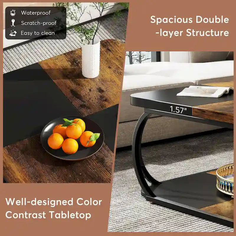 Square 2-Tier Coffee Table with Storage Shelf, 39 inches Low Farmhouse Wood Coffee Table for Modern Living Room