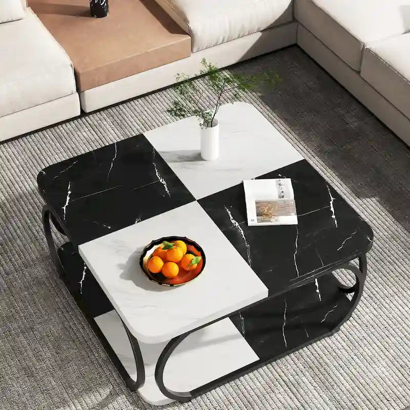 Square 2-Tier Coffee Table with Storage Shelf, 39 inches Low Farmhouse Wood Coffee Table for Modern Living Room