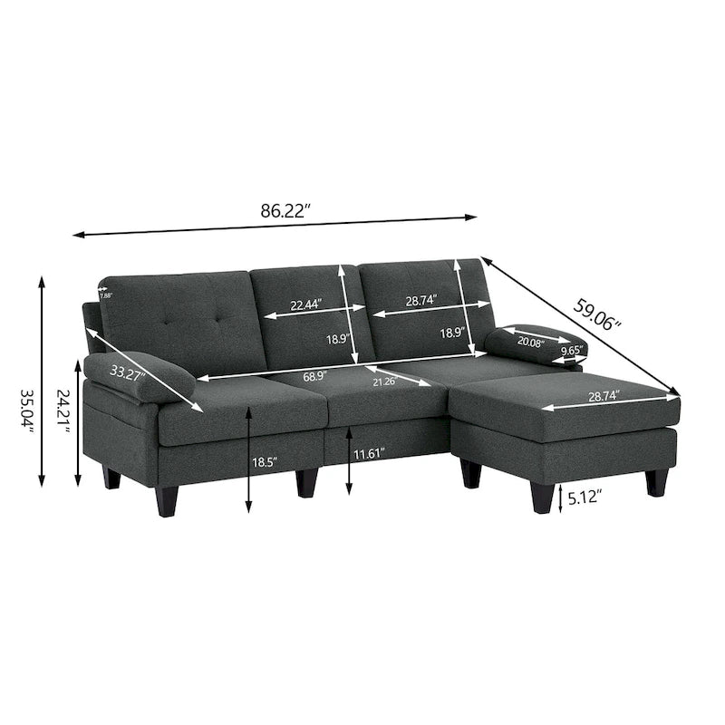 86.22 L Shaped Sectional Sofa with Side Storage Pockets