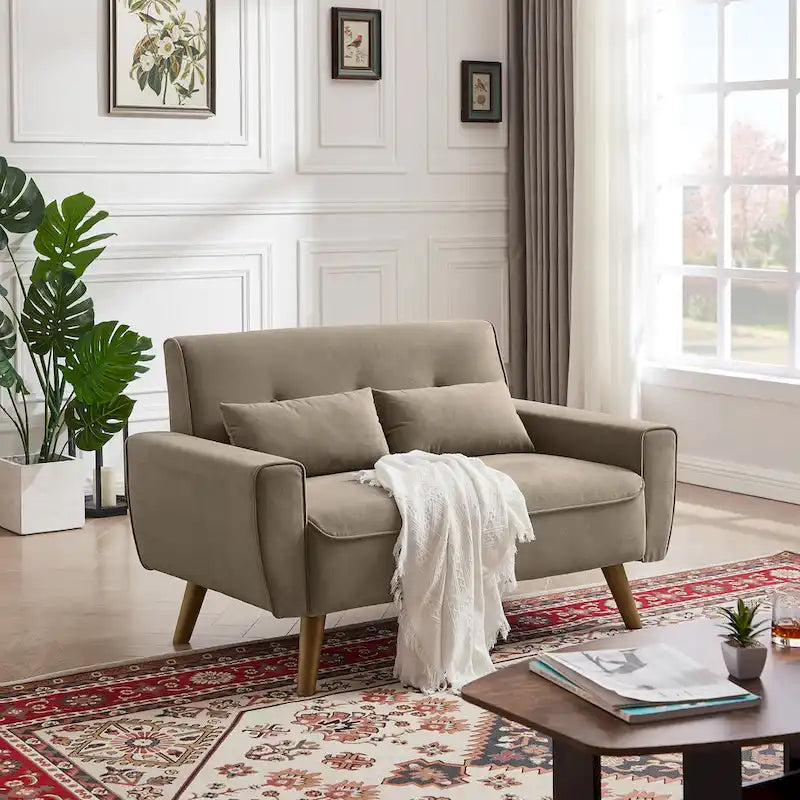 48.82 Small Tufted Loveseat Sofa with 2 Pillows and Tapered Wood Legs