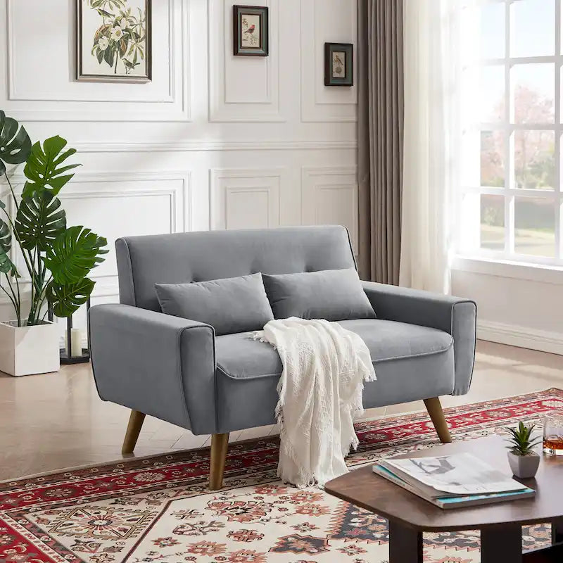 48.82 Small Tufted Loveseat Sofa with 2 Pillows and Tapered Wood Legs