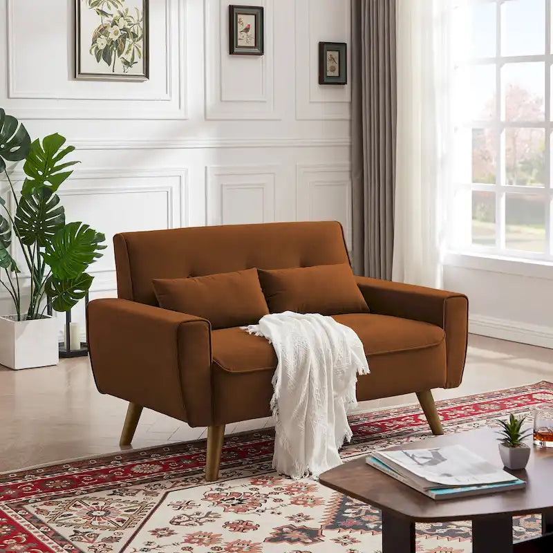 48.82 Small Tufted Loveseat Sofa with 2 Pillows and Tapered Wood Legs