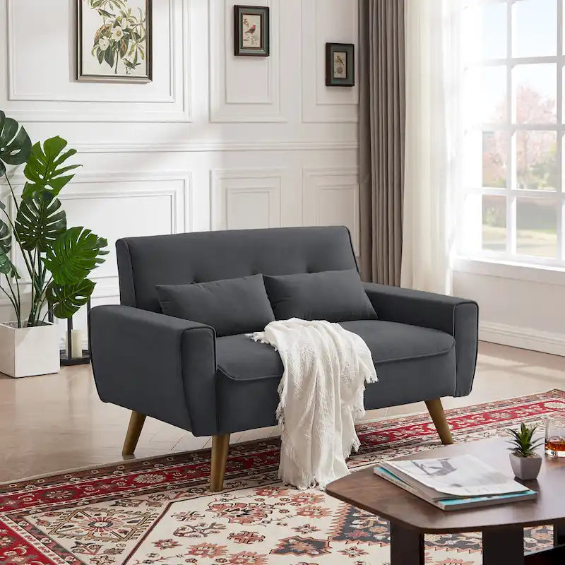 48.82 Small Tufted Loveseat Sofa with 2 Pillows and Tapered Wood Legs